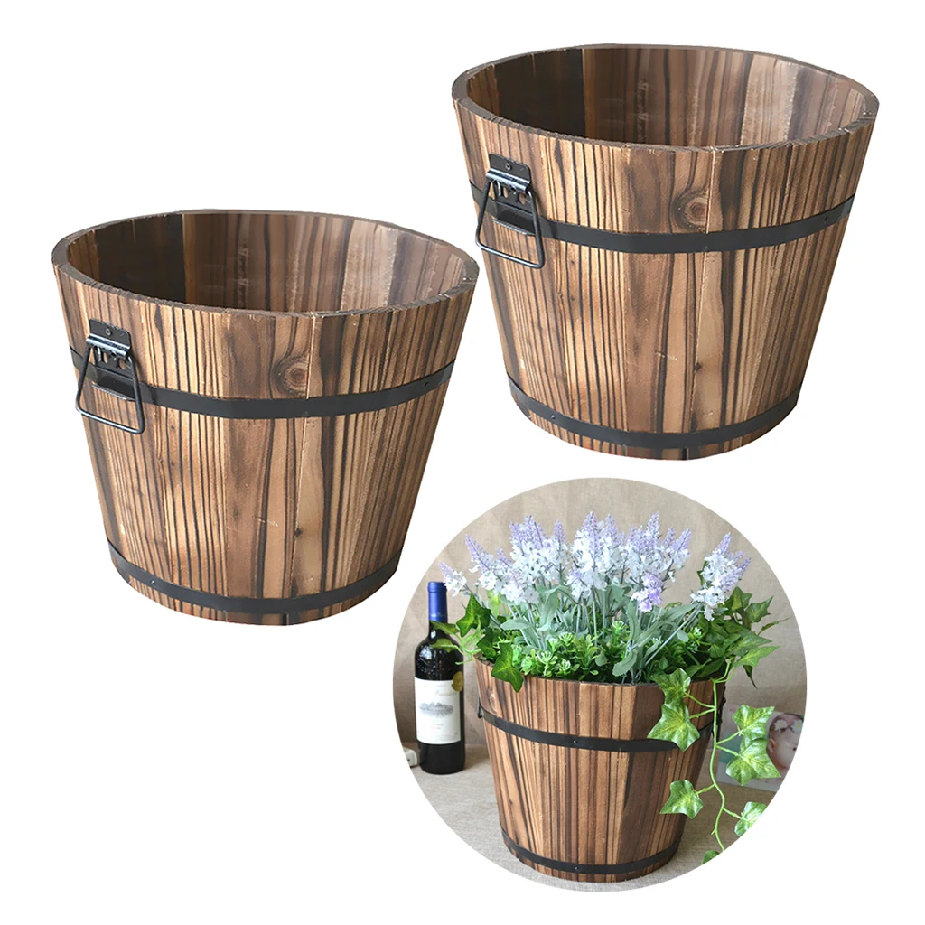 2x Wooden Bucket Barrel Planters Rustic Succulent Planter Box Barrels Flower Pot