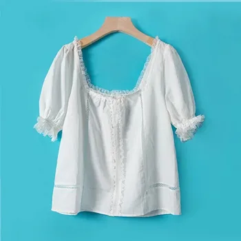 

Back Single-breasted Women's Shirt 2020 New Summer Puff Sleeve Lady Blouse Slash Neck Lace Patchwork Blouses Top