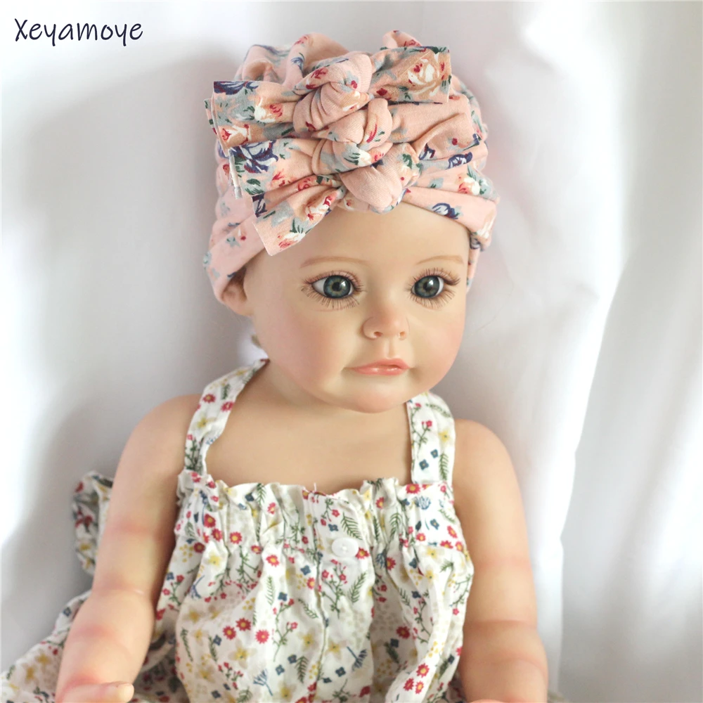 Boutique-Mütze mit drei Schleifen für Babys, Vintage-Stil, mit Blumenmuster, für Neugeborene, Turban-Mütze, Baumwolle, Kleinkinder, Kopfbedeckung, Bebes, Schleife, Beanie – Detail 3