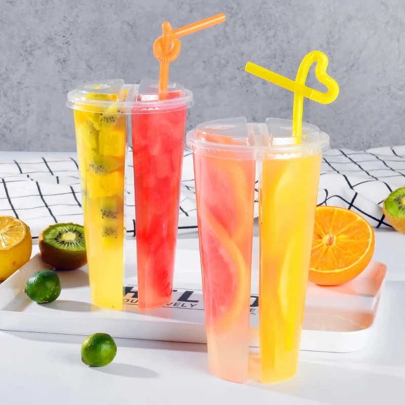 

200pcs Double enjoy cup disposable 600ml transparent plastic milk tea cup thick juice drink packaging cups sharing cup with lids