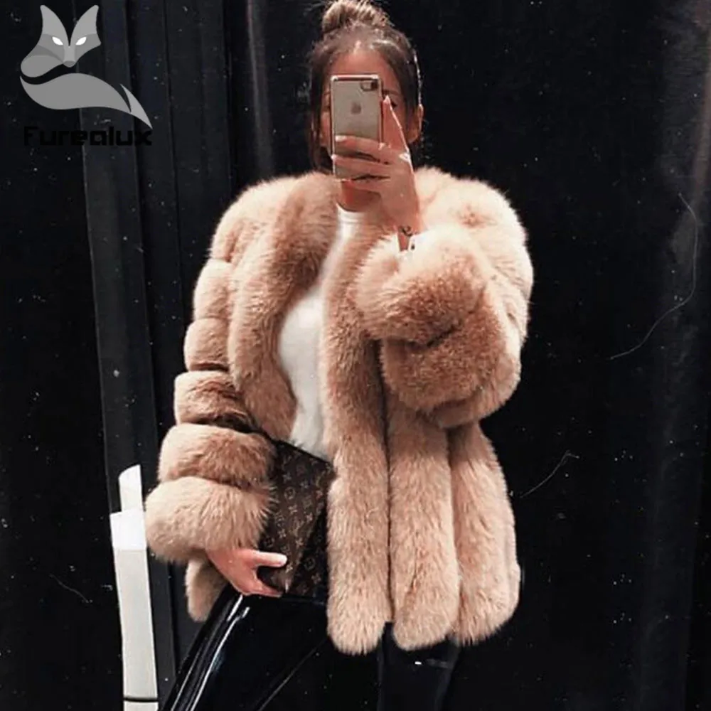 Furealuxnew Новая шуба из цельных кожи меха лисы пальто вертикальный Длинные рукава с