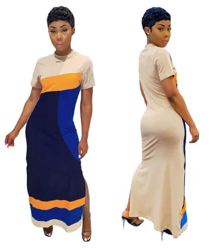 

2020 New Women Summer Casual Dresses Short sleeve Loose Patchwork Maxi Dresses