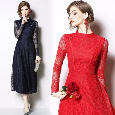

WOMEN'S Dress 2019 Autumn New Style Lace Joint Retro Waist Hugging Slimming Big Hemline Long Sleeve Lace Dress
