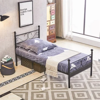 

Bed Frame Solid Metal Large Storage Space with Flower Headboard &Footboard, Single/ Double, Black