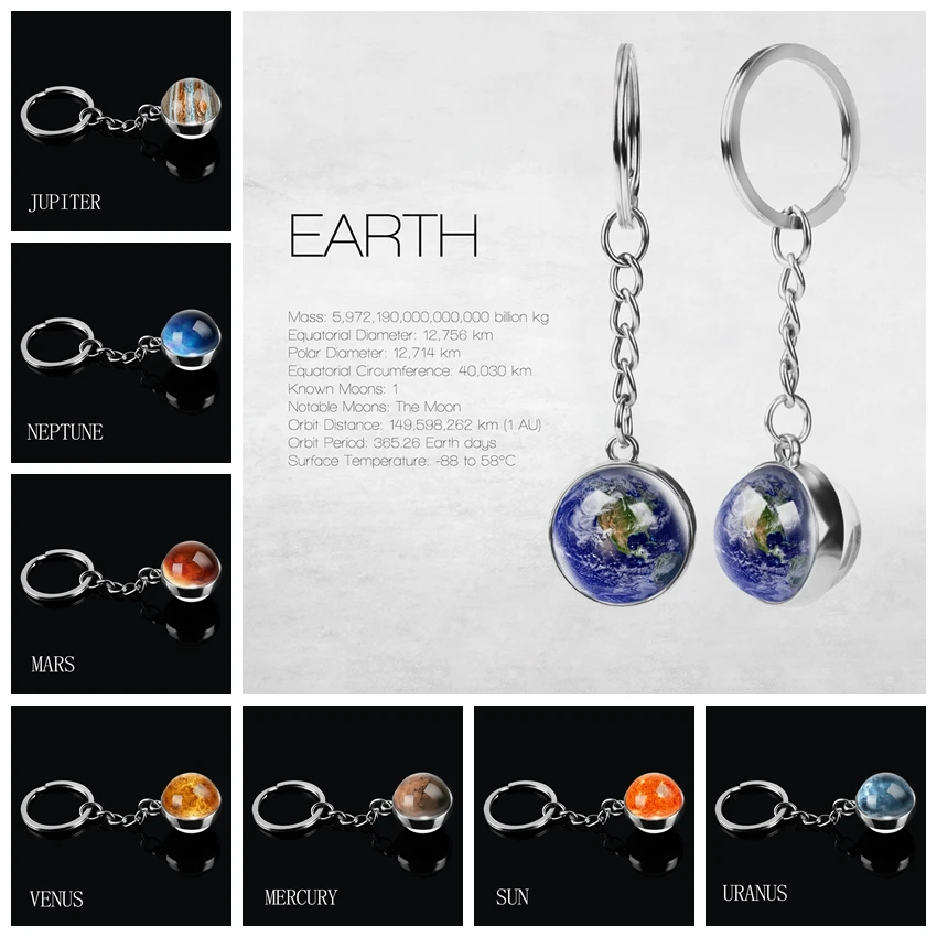 

Solar System Planet Keyring Galaxy Nebula Space Keychain Moon Earth Sun Mars Picture Double Side Glass Ball Jewelry Key Chains