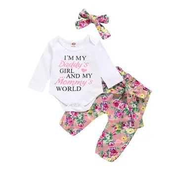 

Casual Autumn Baby Girls Clothes Outfits Baby Girl Cotton 3Pcs Ruffles Sleeve Romper Pants Headband Fall Sets