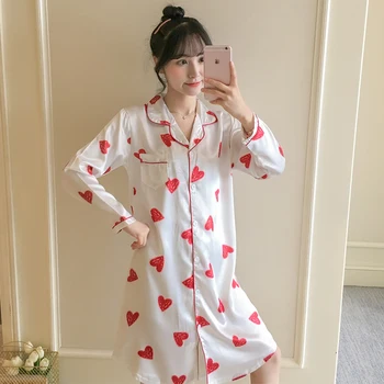 

2020 Autumn Silk Womens Sleepwear Sexy Comfortable Long Sleeve Print Ladies Nightgown Young Girl Outwear Party Nightdress