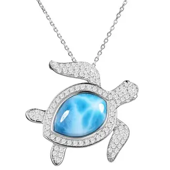 

Sea Animals Fine Jewelry 925 Sterling Silver Natural Larimar Sea Turtle Pendant Necklace For Women Gift