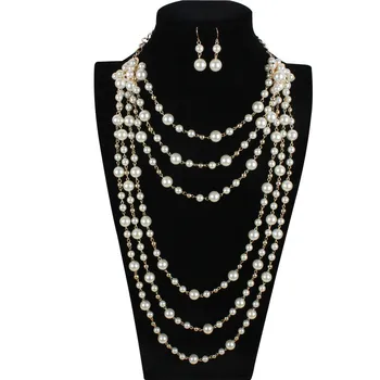 

2020 New Tassel Long Multilayer Imitation Pearl Necklace Sets Earrings Fashion Women Pearls Jewelry Sets for Brides Dropshipping