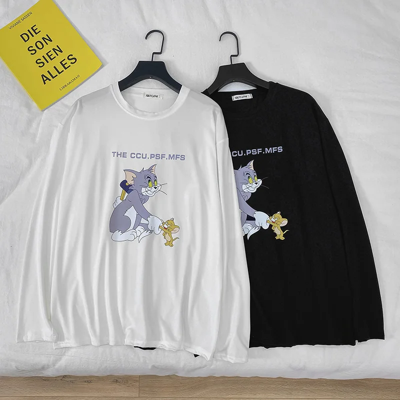 

Harajuku Funny Cartoon Cat Print Jerry Cute Long Sleeves Tshirt Unisex Couples Casual Punk Style Clothes All-Match Hip Hop Top