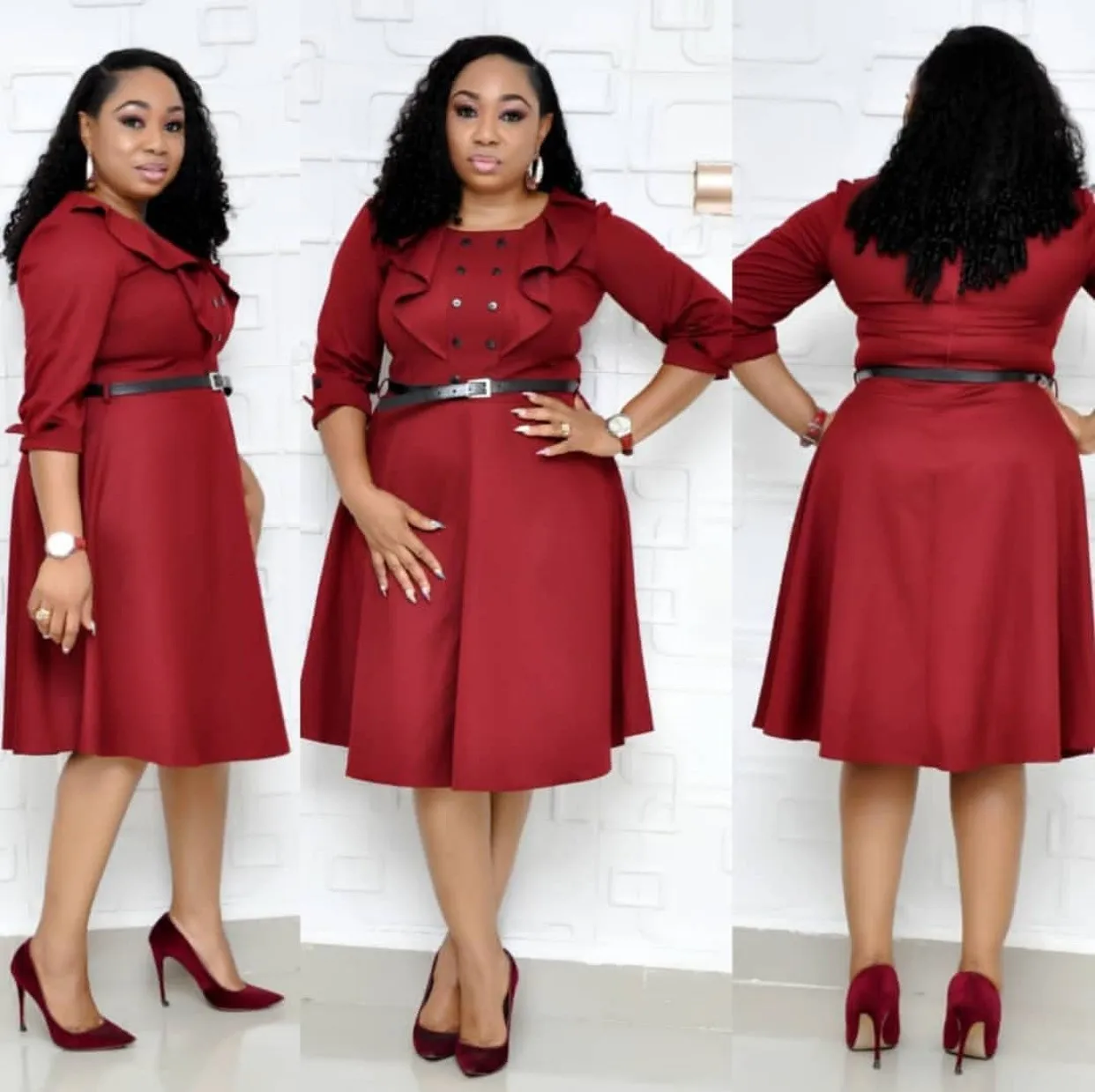 Vintage Round Neck Ruffled A-Line Dress Women Autumn Double Breasted Solid Empire Casual High Waist Plus Size Dresses | Женская одежда