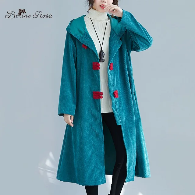 green BelineRosa, китайский стиль, Осень-зима, тренчи, свободные, длинные, размера плюс, вельветовые, большие размеры, одежда L, XL, 2XL, JXFS0012 - Цвет: green