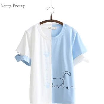 

Cartoon Cat Print Patchwork Funny T Shirts For Women Short Sleeve O-neck Cotton T Shirt 2020 Summer Harakuju Cute Basic Tops Tee