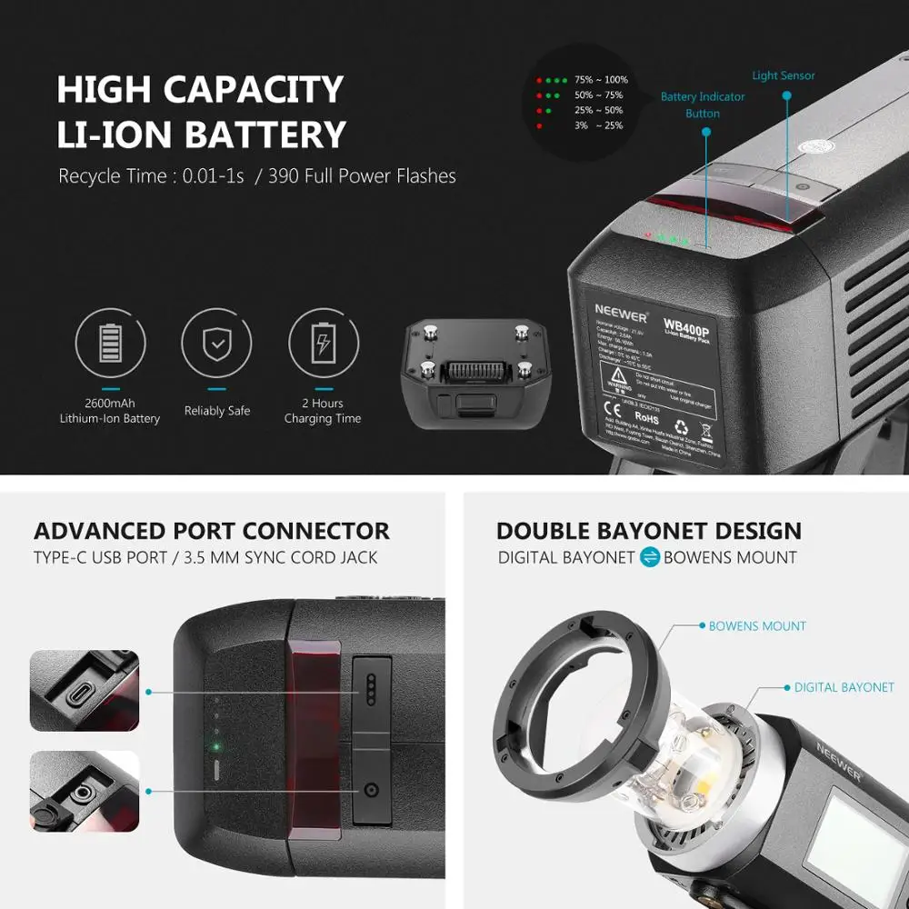 Neewer AD400Pro 400 Вт GN72 наружная вспышка стробоскоп монолайт с питанием от батареи TTL HSS 2