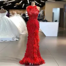 Saudi Arabia Red Kaftans Islamic Women Evening Gowns Formal Mermaid Beaded Party Dress 2020 Couture Feathers Long Prom Dresses