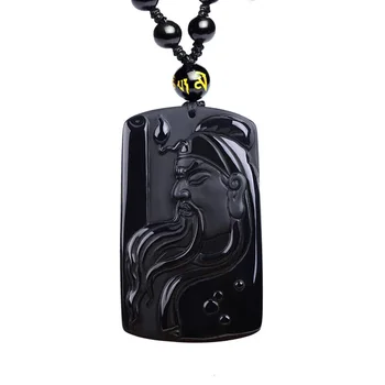 

free shipping Handwork Black Obsidian Carved Book GuanGong Amulet Lucky pendant necklace Fashion Jewelry