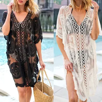 

Women Sexy V-Neck Backless Swimsuit Bikini Cover Up Hollow Out See-Through Crochet Floral Lace Side Split Loose Beach Dress