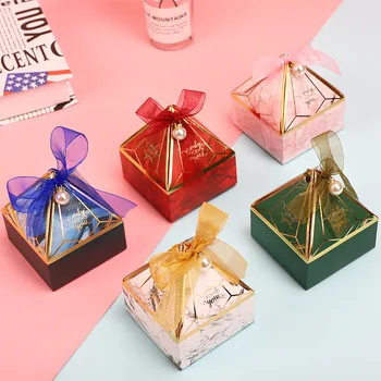 

Gift Box Pagoda Diamond Shape Birthday Packaging Boxes Wedding Favor Party Sweet Paper Gift Bag Marble Candy Box with Ribbon