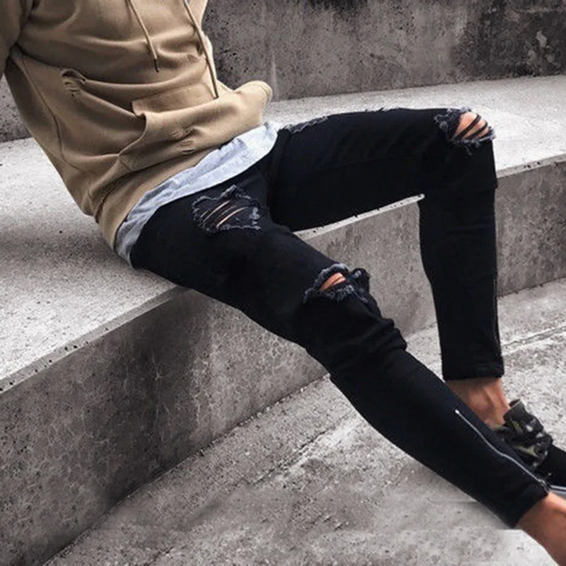 

2019 Men's Destroyed Denim Jeans Pants Knee Open Ripped Denim Jeans Breeches Long Pants Belt Pants Solid Color Skinny Trousers