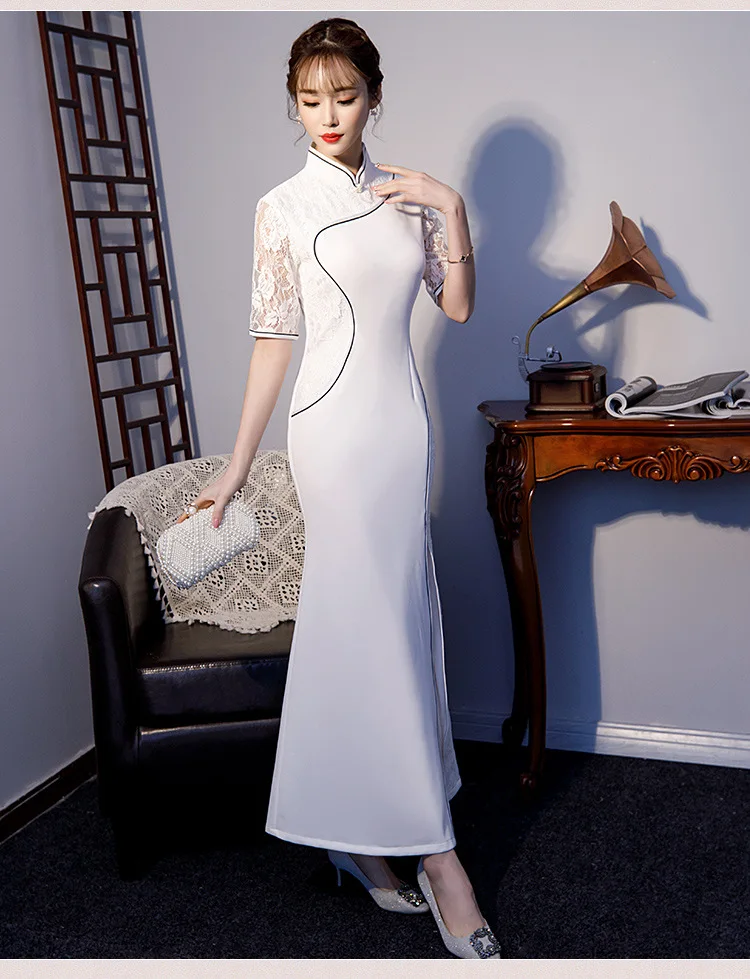 LZJN 2020 New Chinese Style Female Qipao Elegant Women Slim Long Cheongsam Red White Lace Mandarin Collar Party Dress Vestidos (20)