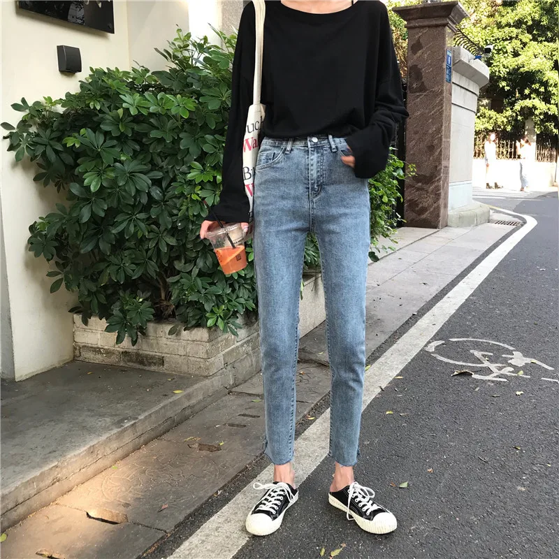 Стрейч обтягивающие джинсы 2019 Корея Лето была тонкая узкая с завышенной талией девять очков ноги брюки сплошной цвет Повседневная дикая