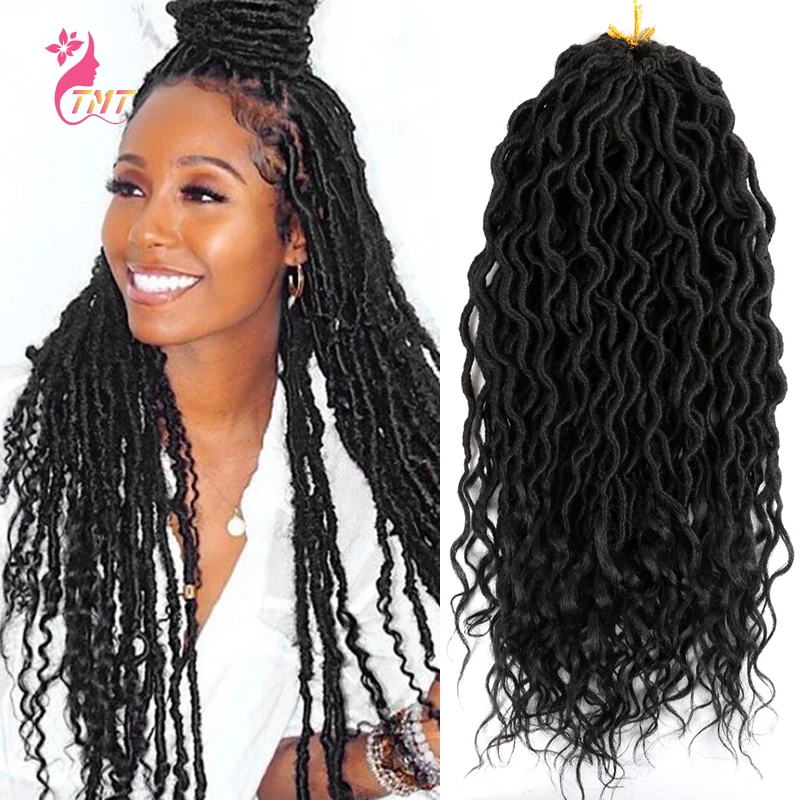 

Crochet Braids Hair Extension Synthetic Curly Faux Locs Soft 18 inch Goddess Braiding With Deep Wave Ends Black Color Dreadlocks