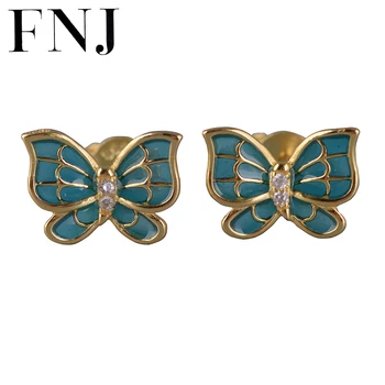 

FNJ Cloisonne Butterfly Earrings 925 Silver Original Pure S925 Sterling Silver Stud Earring for Women Jewelry Gold-color