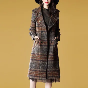 

brands women's winter jacket Fashion plaid woolen coat Elegant Wool winter long jacket women Vintage slim woolen womens coats
