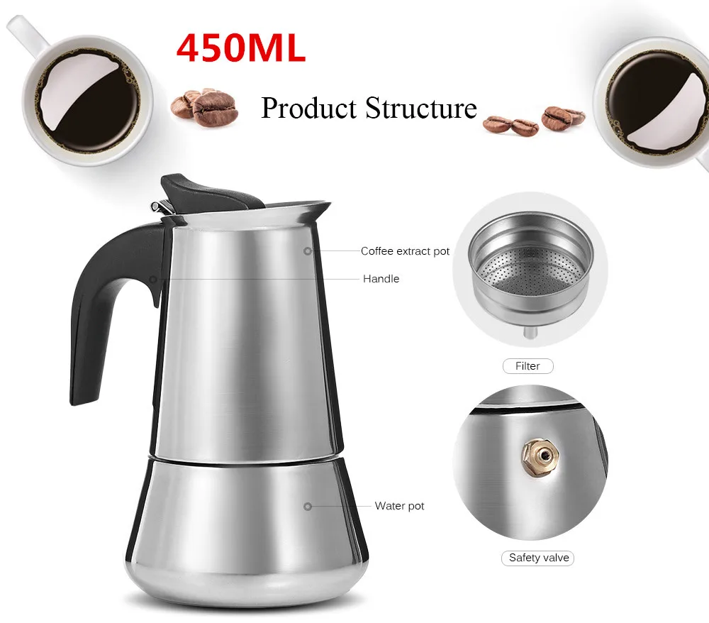 450ML TYPE2 2/4/6/9 чашек Кофе горшок Нержавеющая сталь мокко эспрессо латте плите фильтр Moka Кофе чайник Кофе горшок для дома Кухня - Цвет: 450ML TYPE2
