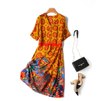 

New 100 Silk Dress Women Natural Silk High Quality Elegant Loose Long Summer Printed Yellow Dress Lady Free Shipping