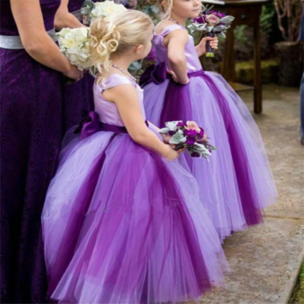 Модная Пышная юбка фиолетового цвета для девочек в цветочек платья без рукавов мягкая Многоуровневое фатиновое Свадебное бальное платье Нарядные платья для девочек Платья для церемонии причастия