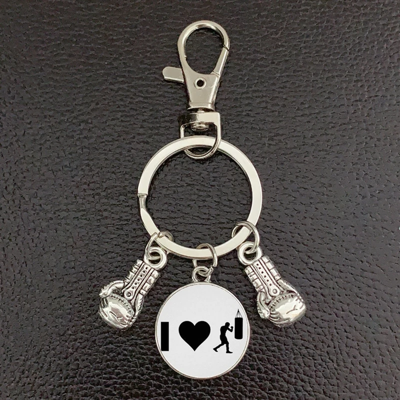 New fashion glass cabochon keychain boxing glove pendant boxing lobster clasp DIY men and women car keychain gift