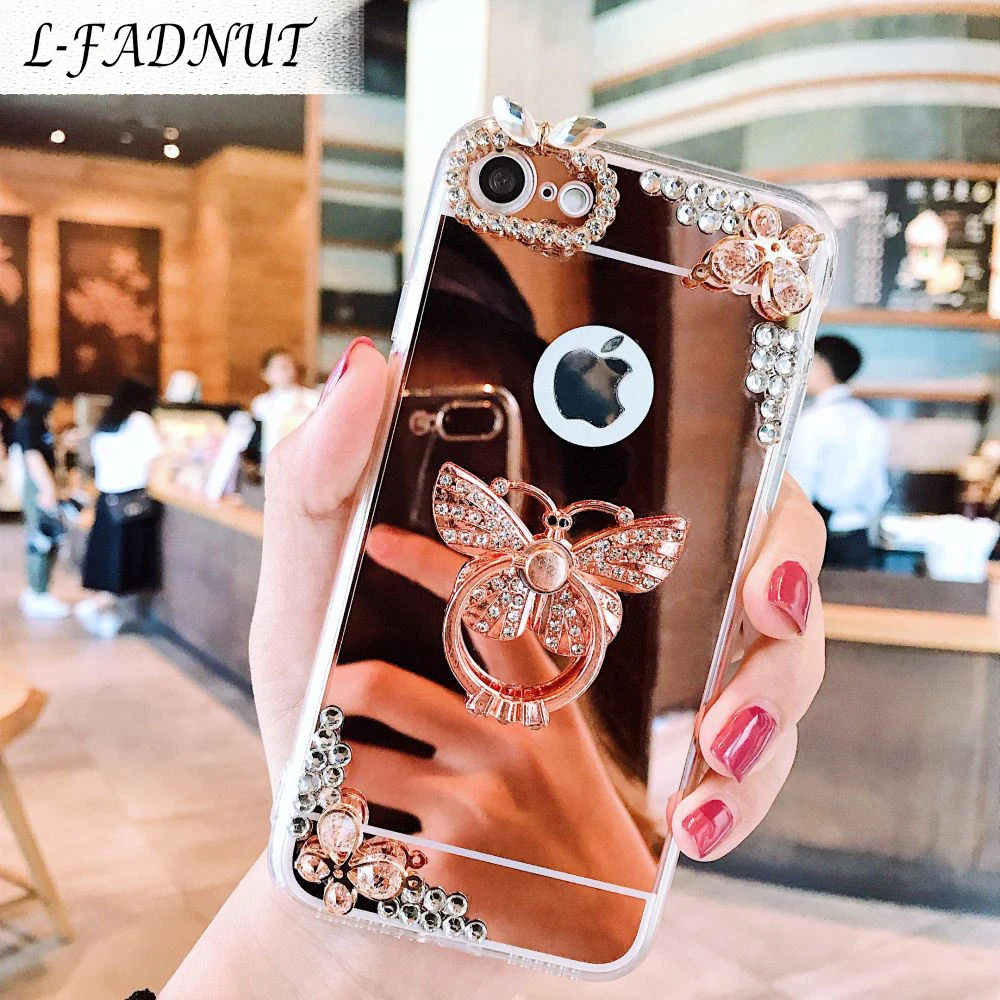 

L-FADNUT For iPhone 5 5S SE 6 6S 7 8 Plus Case Luxury Bling Diamond Finger Ring Bracket Soft Bumper Cover For iPhone X Xr Xs Max