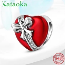 925 стерлингового серебра красная эмаль Подарочная коробка с бантом CZ бусины в форме сердца зажимы подходят Оригинальное отражение браслет ювелирное изделие изготовление