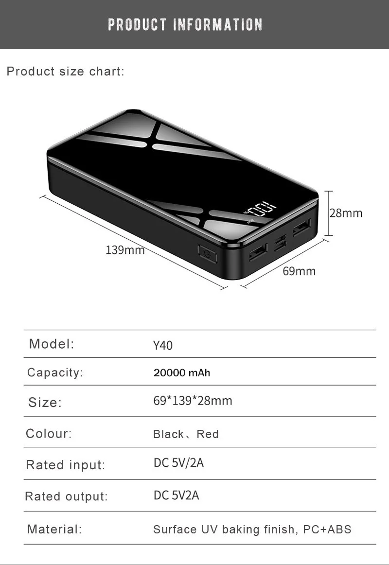 Внешний аккумулятор 20000 мАч, внешний аккумулятор, внешний аккумулятор, 2 USB, светодиодный, type-c, портативное зарядное устройство для мобильного телефона, для huawei, для Xiaomi
