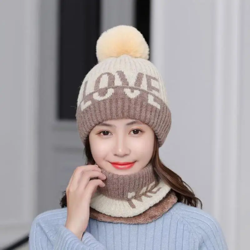 Женская зимняя шапка бини шарф набор с надписью Love Толстая теплая вязаная шапка с помпоном верхняя одежда спортивная Лыжная зимняя повседневная Корейская шапка и снуд