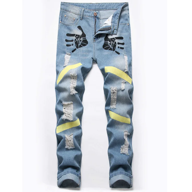 

High Quality Hip Hop Patch Men's Jeans Knee Rap Hole Zipped Biker Trousers Loose Slim Destroyed Torn Ripped Male Denim Pants