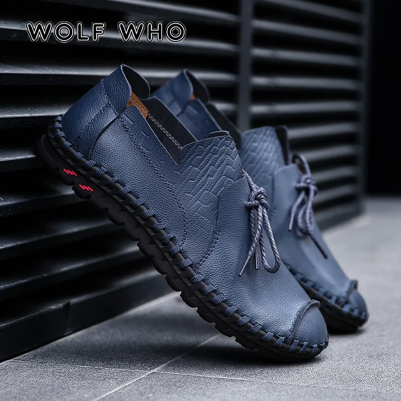 

WOLF WHO 2020 Genuine Leather Business Men Shoes Elegant Hand Sewing Comfortable Office Male sneakers men's Casual Shoes W-011