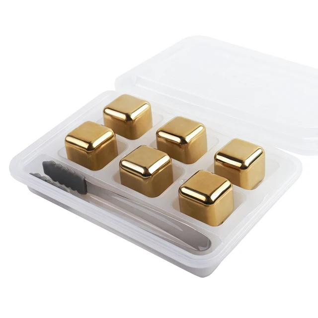 Golden Reusable 304 Stainless Steel Whisky Stones With Tongs Food Grade Quick Frozen Chilling Ice Cube Cooler For Wines & Drinks 6 packs