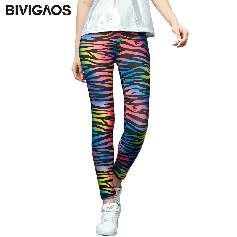 BIVIGAOS Rainbow Leopard Zebra Print Leggings Women Colourful Milk