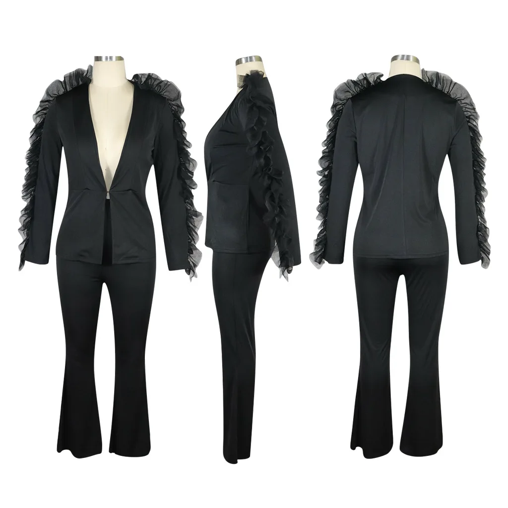 Adogirl однотонный Модный комплект из двух предметов с рюшами и сеткой блейзер с длинными рукавами Топ, пальто Широкие штаны женский деловой костюм повседневная одежда