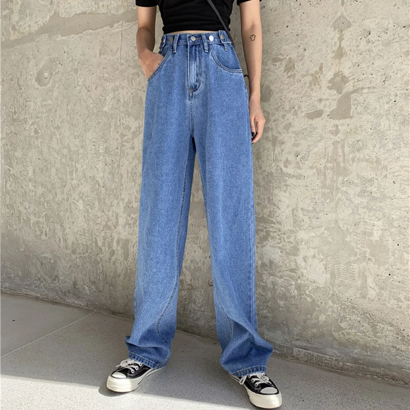 Джинсы корейского стиля Женские 2019 кнопки летают повседневные широкие джинсы с высокой талией женские джинсовые брюки весна осень джинсы