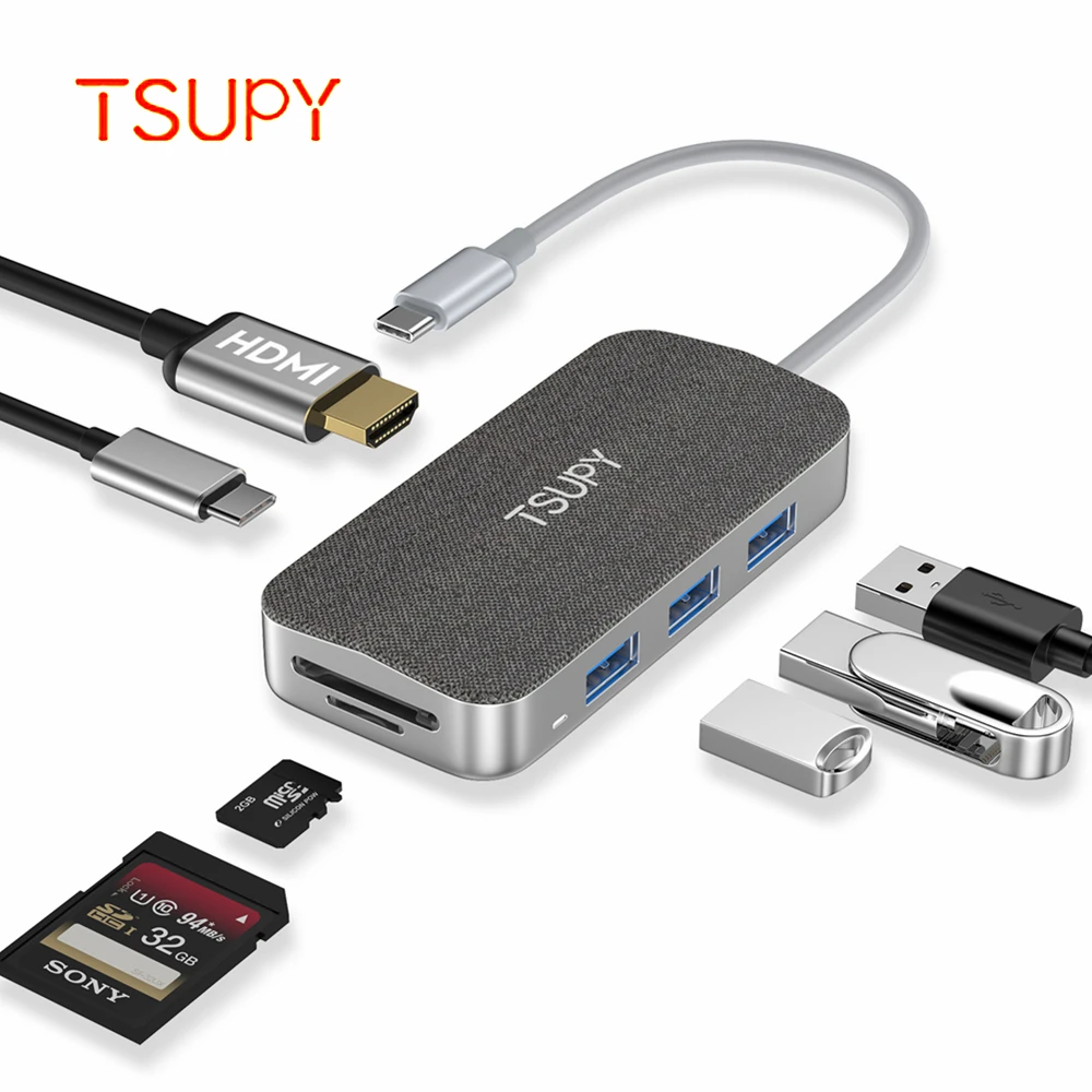 

TSUPY 7 in 1 USB C Hub Type C to HDMI USB 3.0 SD/TF Card Reader Power Delivery for Macbook Pro Samsung Tab S4