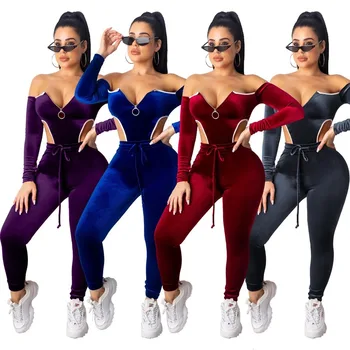 

Velvet Women Bodysuit Trousers Sport Suit Running 2 Two Piece Sets Gym Sportswear Jogging Suit Long Sleeve Playsuit Tracksuit