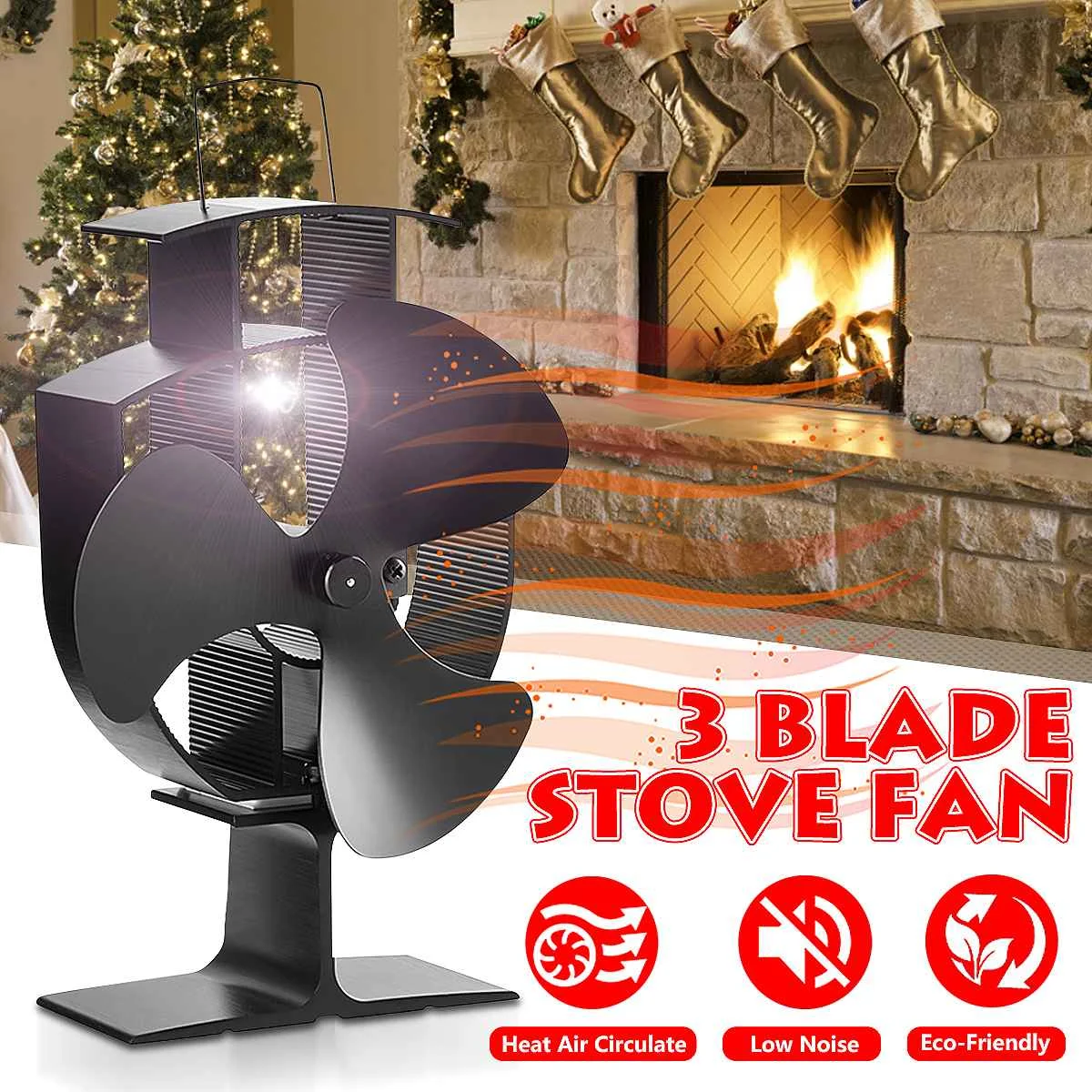 

Black Fireplace 3 Blade Heat Powered Stove Fan komin Log Wood Burner Eco Friendly Quiet Fan Home Efficient Heat Distribution