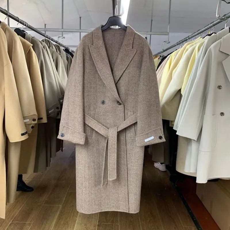 Herringbone pattern Женское зимнее пальто из смеси шерсти белое длинное пальто винтажная верхняя одежда элегантная женская мода Rosetic шерстяная куртка женская одежда - Цвет: Herringbone pattern
