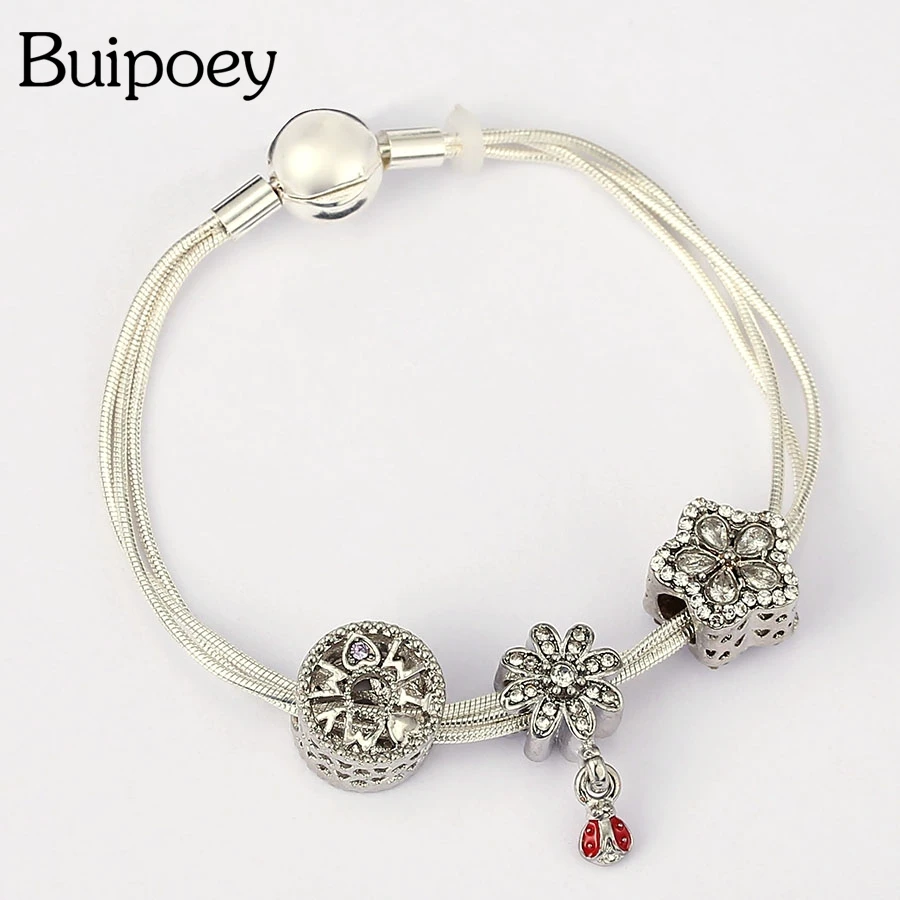 Buipoey Fashion Multi Snake Chain Bracciali Per Donna Ragazza Fiore Originale Coccinella Charm Mom Bead Bracelet & Bangle Jewelry Gift
