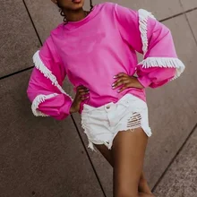 

Fashion Lace Round Neck Contrast Irregular Fringed Bottoming Shirt Loose Casual Long-sleeved Sweater Women 2021 Autumn/Winter