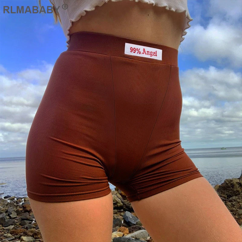 

Summer Beach Sexy Women Shorts Embroidery Letter High Waist Short Casual Moto Biker Ribbed Shorts Bottom 2020 Skinny White Short