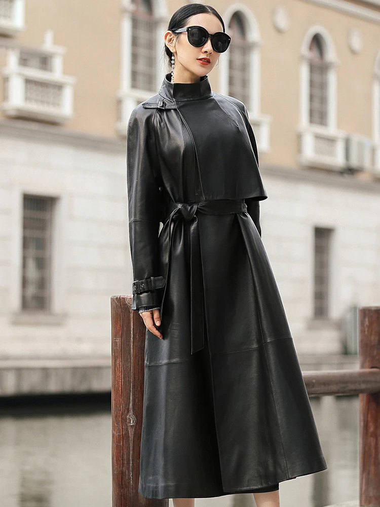 Trench-Coat Nerazzurri Faux-Leather Long Spring Black Autumn Plus-Size Belt for Women